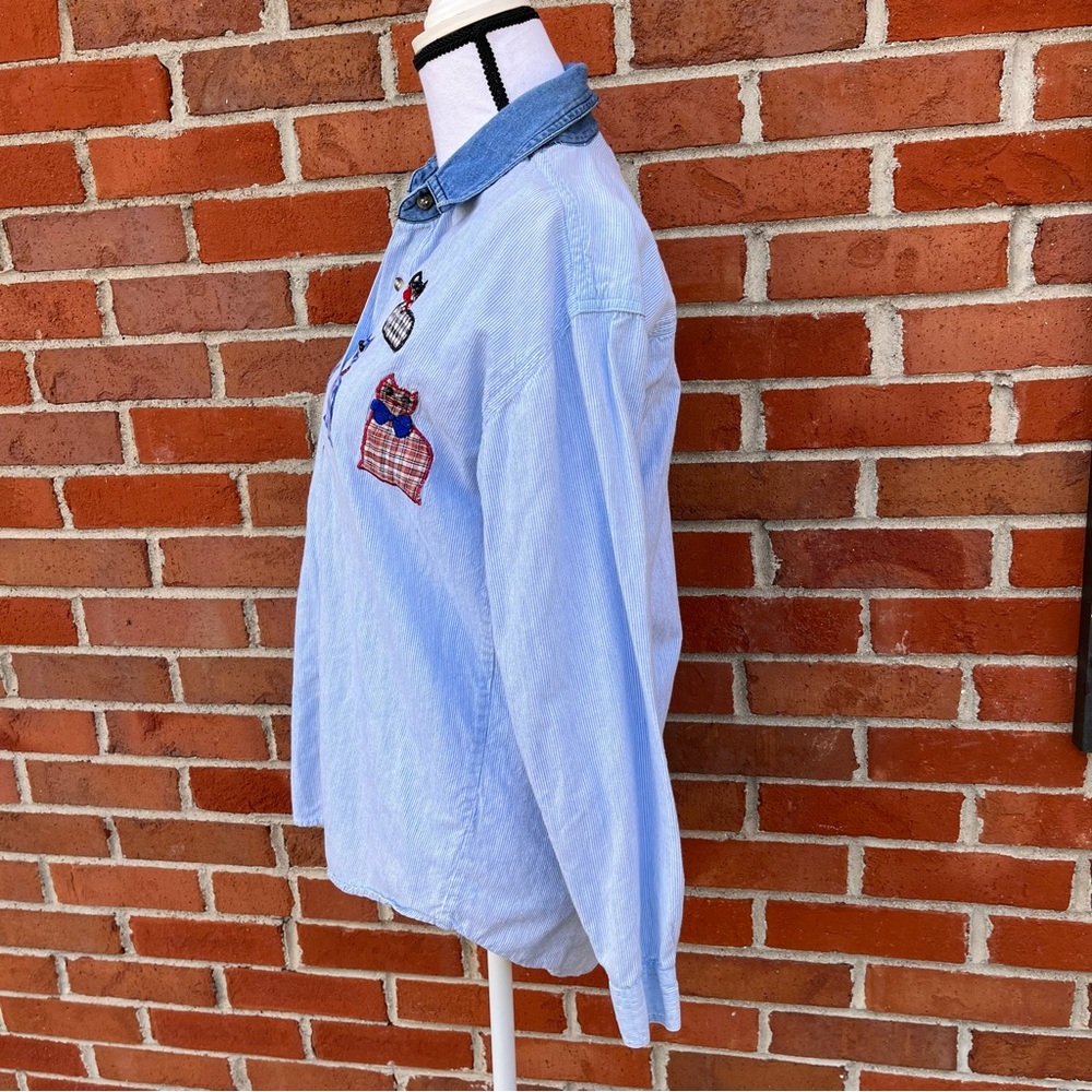 Vintage Button Front Patchwork Cat Print Blue Cha… - image 5